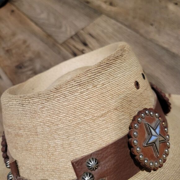 Red Star Riggings Palm Leaf Straw Hat Sz 7-1/8 Brown Leather Band Star Western - Picture 9 of 13